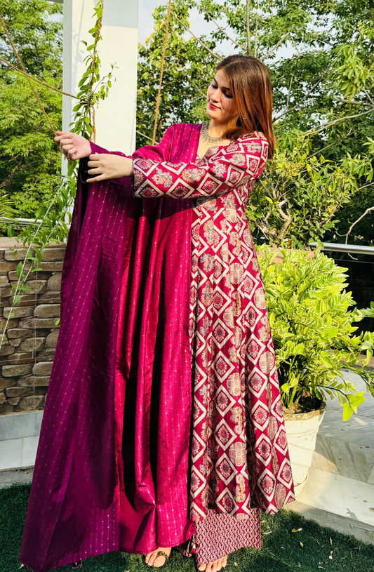 Regal Radiance Foil Print Anarkali Dress