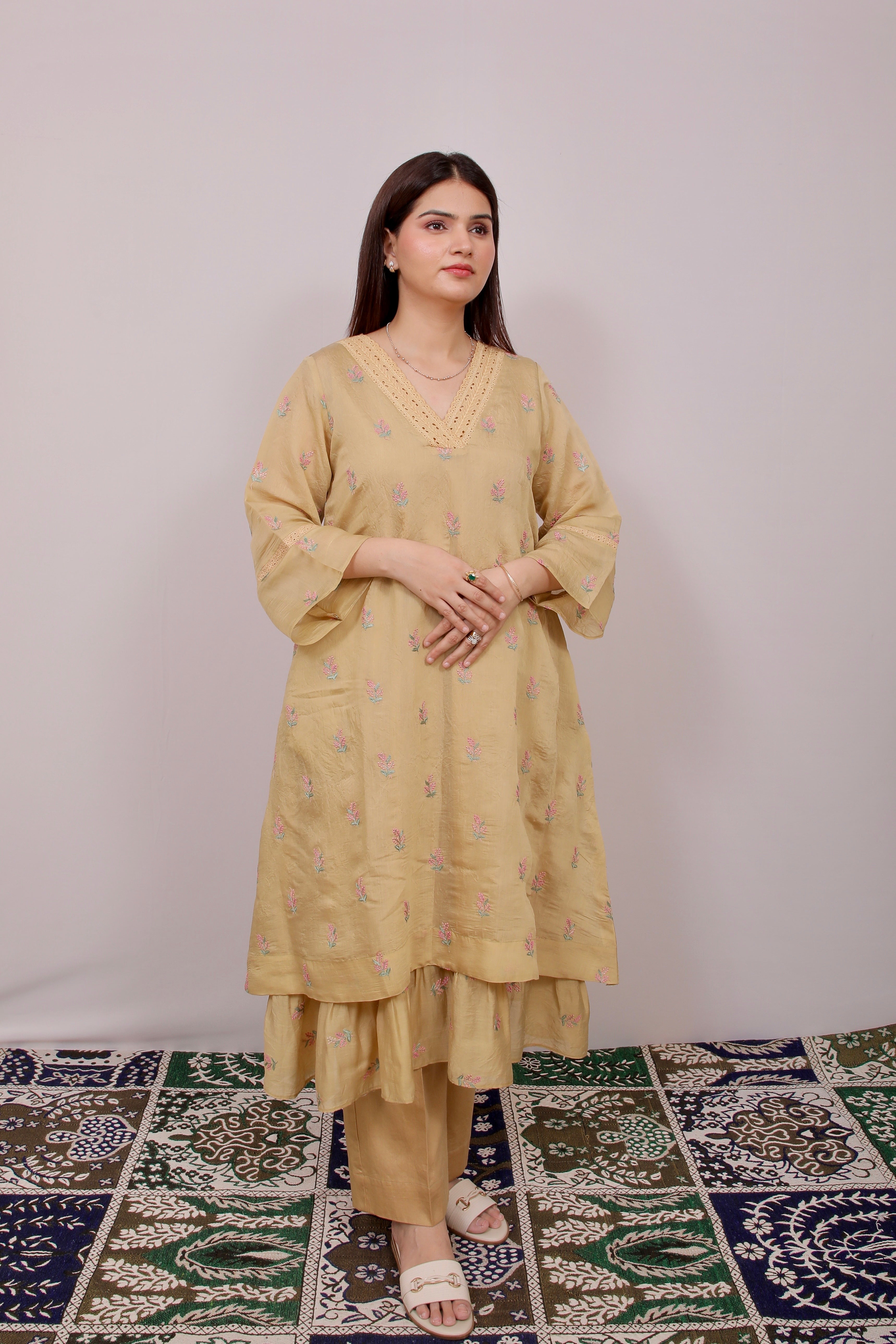 Sunheri Mul Chanderi Anarkali Set