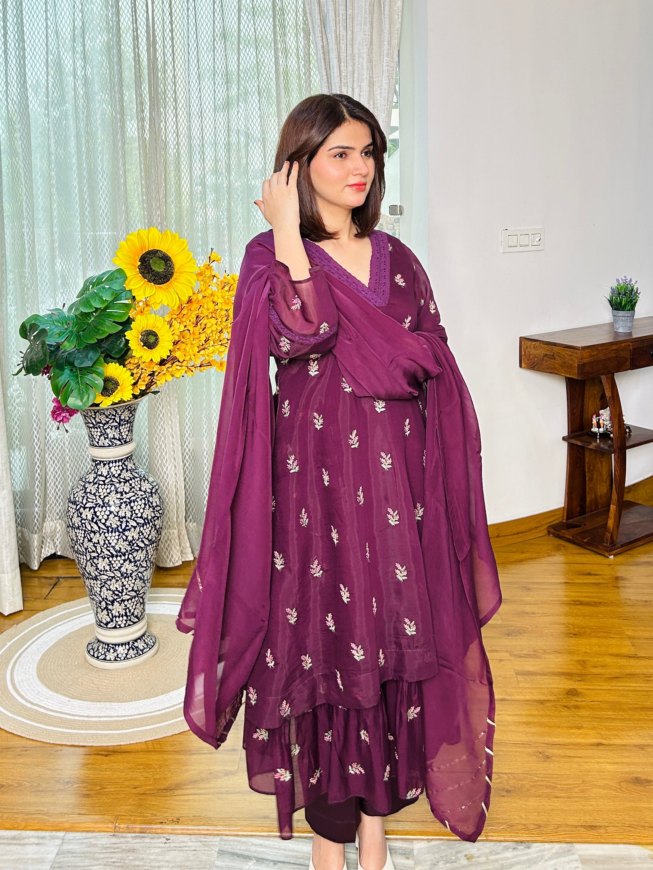 Wine Bloom Mul Chanderi Anarkali Set
