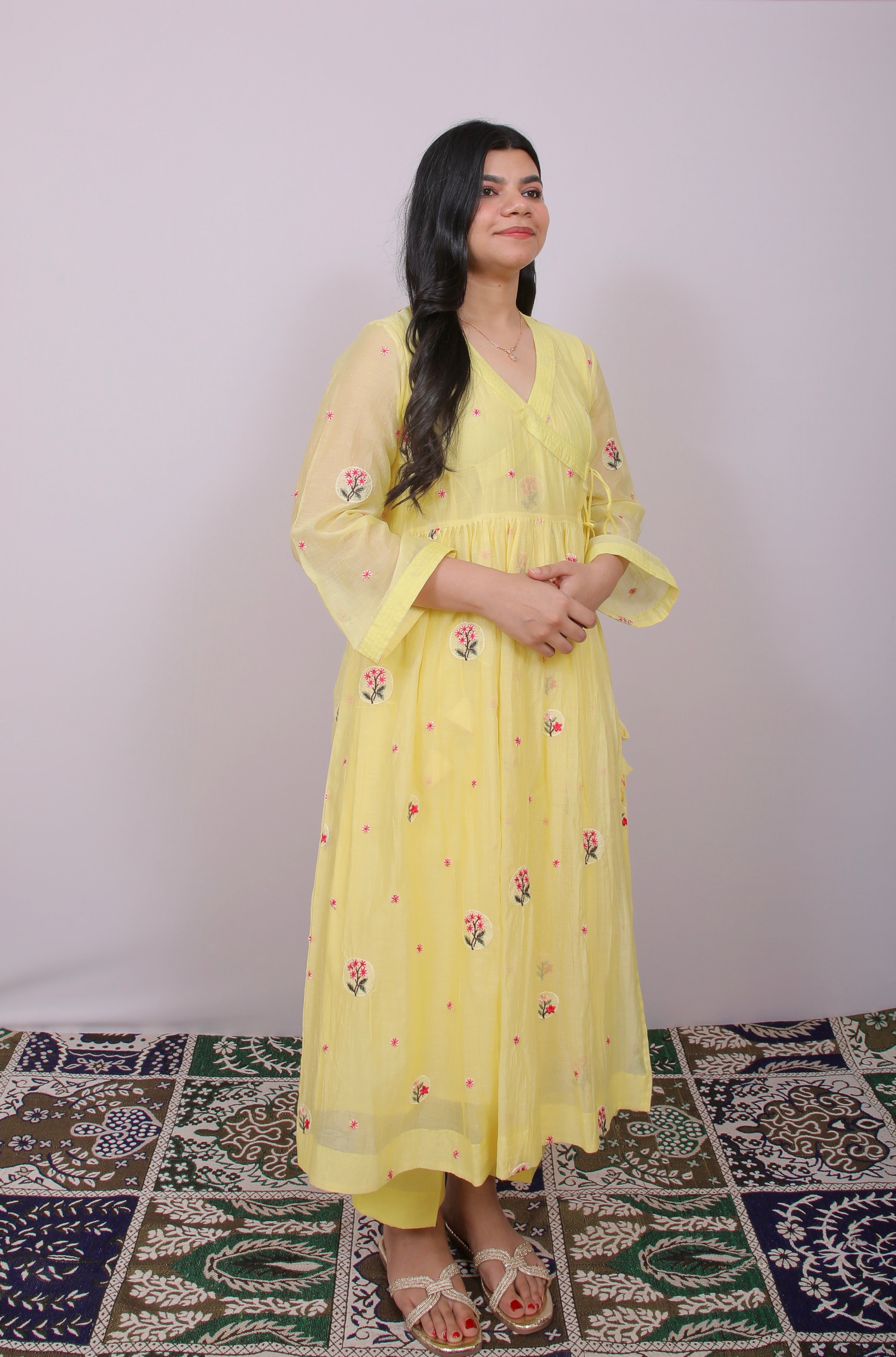 Lemon Bloom Mul Chanderi Angrakha Set