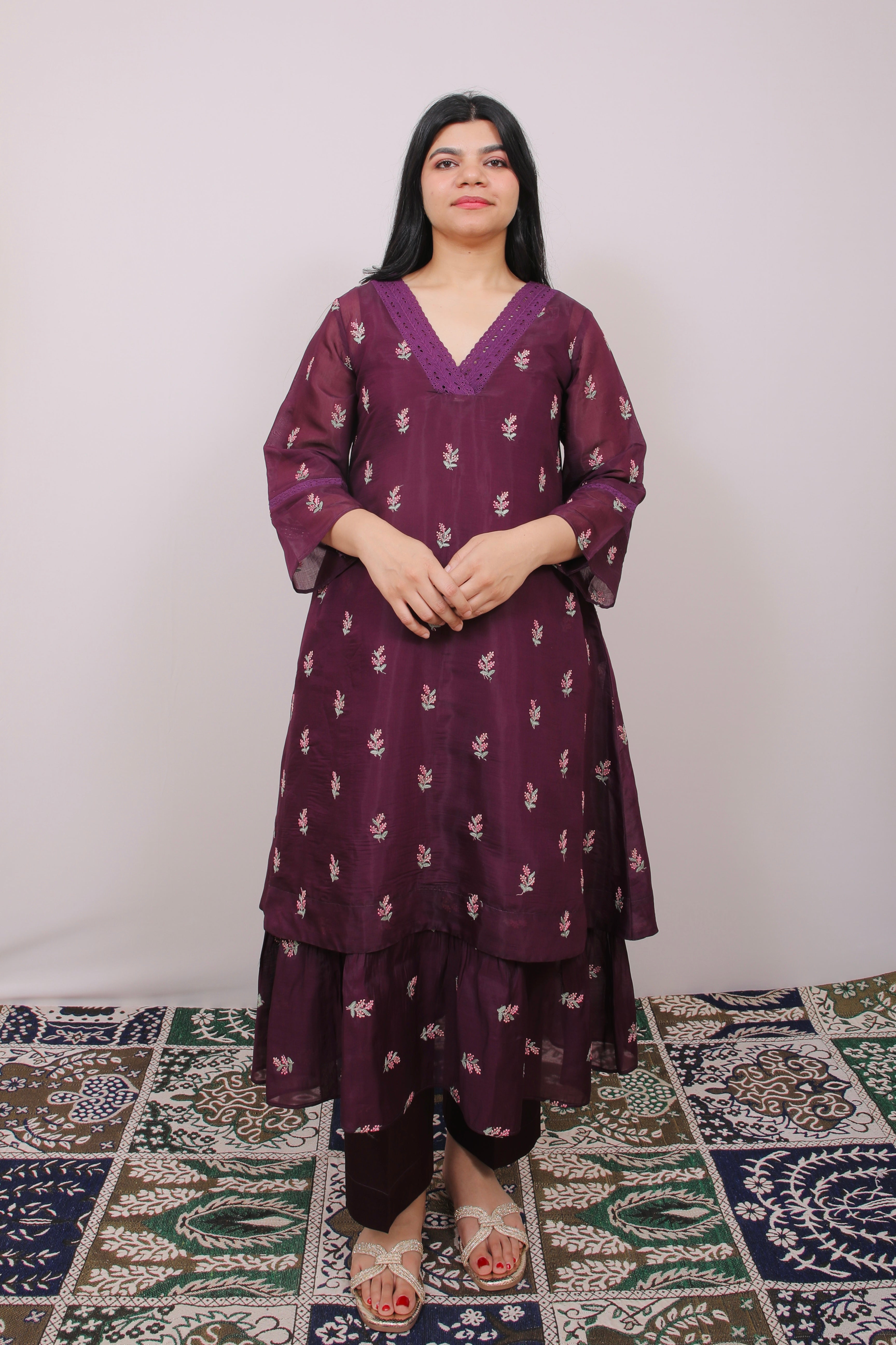 Wine Bloom Mul Chanderi Anarkali Set