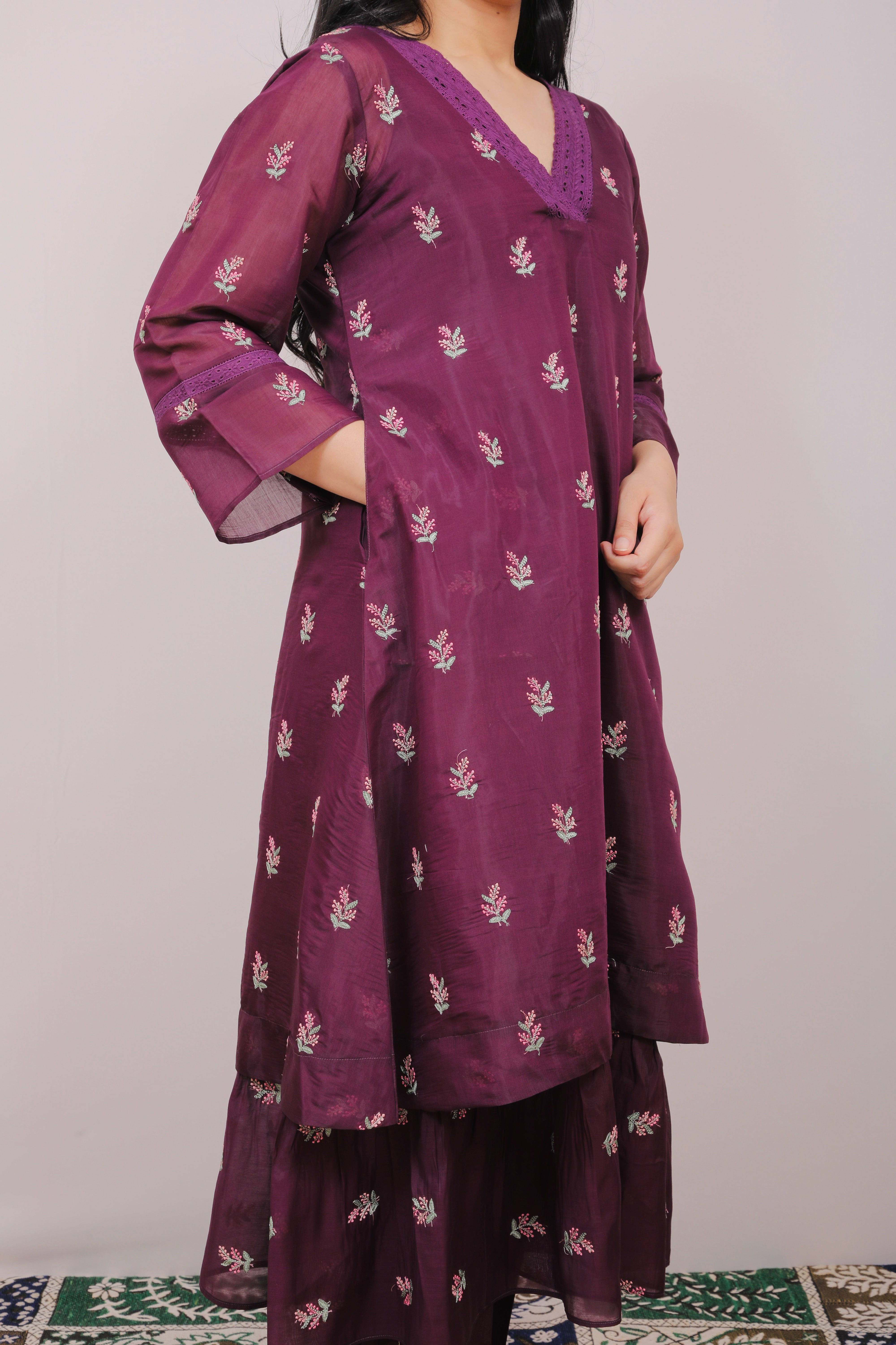 Wine Bloom Mul Chanderi Anarkali Set