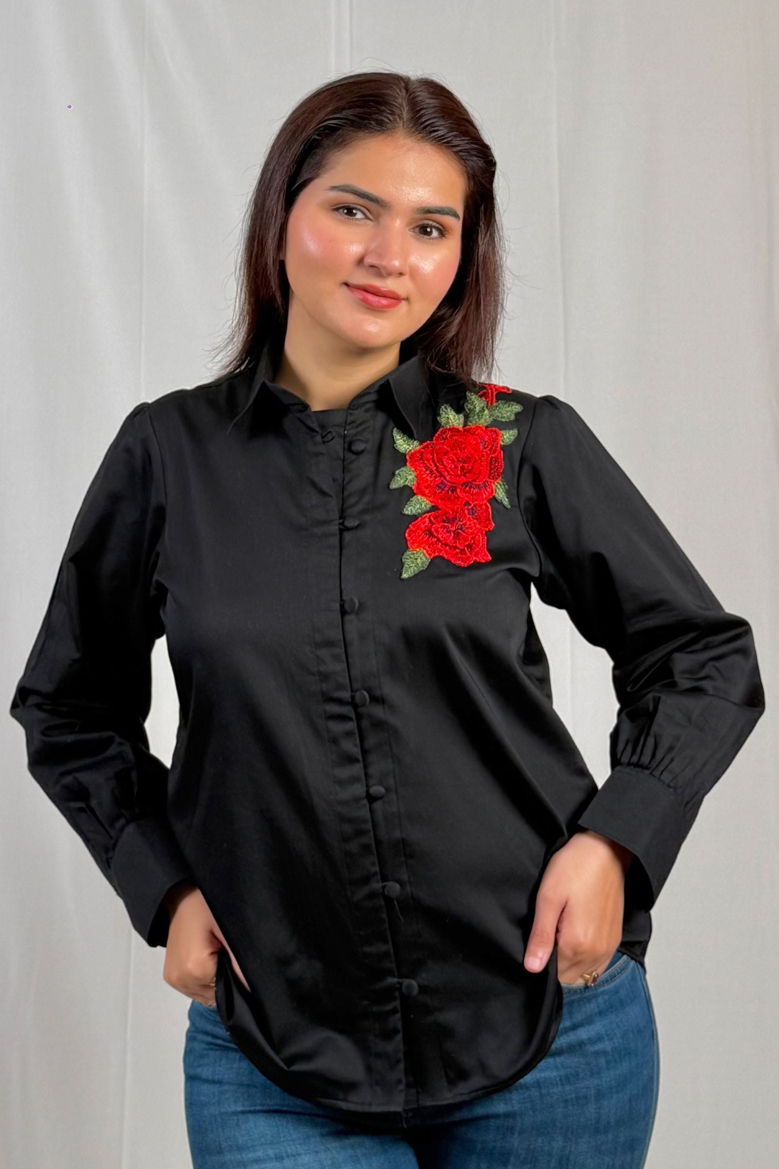 Venera Rose Satin Shirt Black