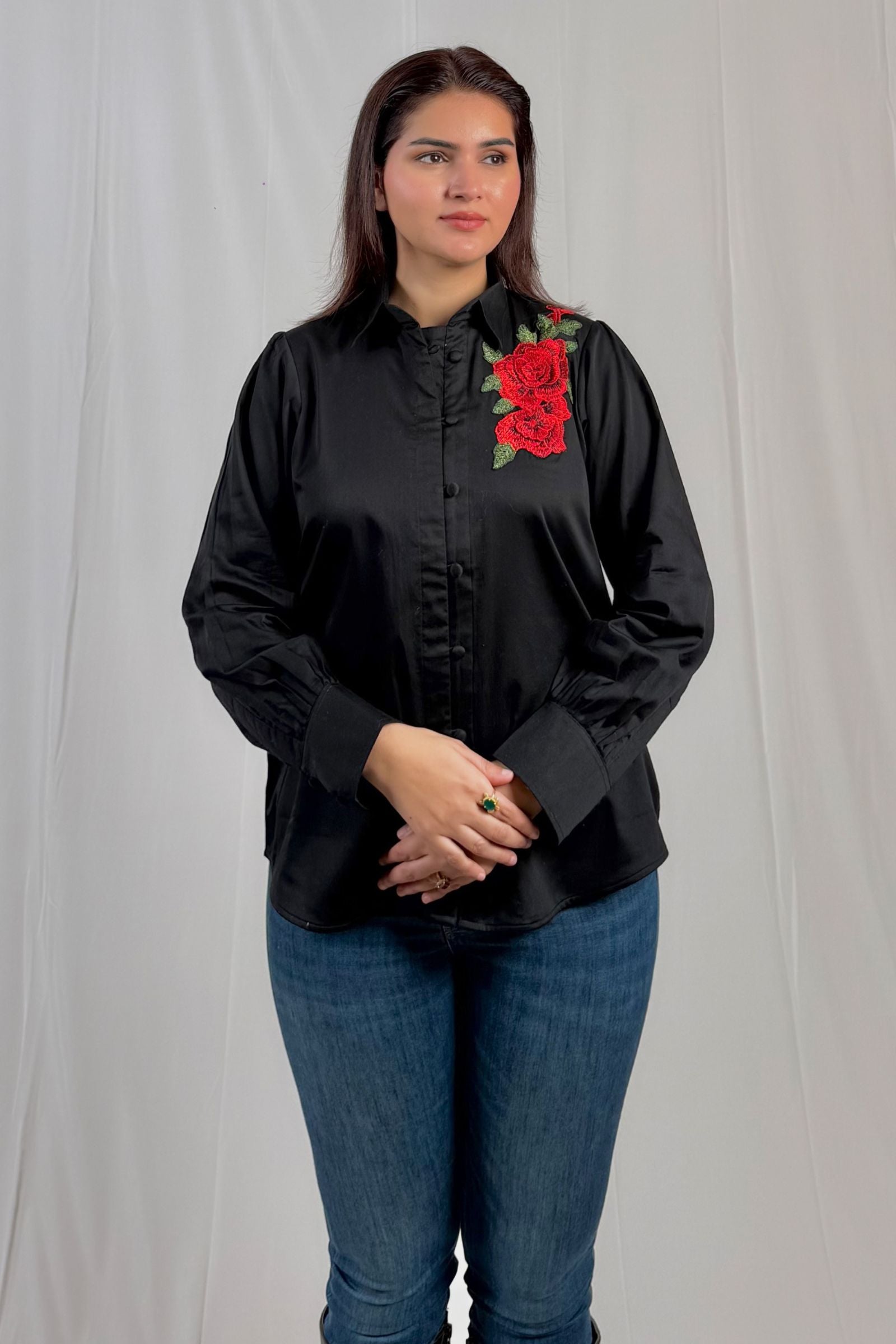 Venera Rose Satin Shirt Black