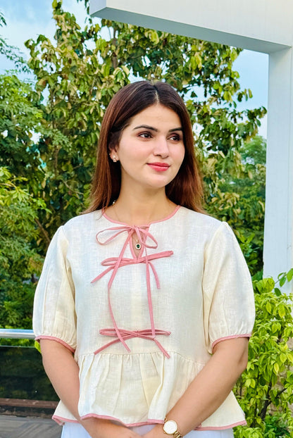 Blush Bow Linen Peplum Top