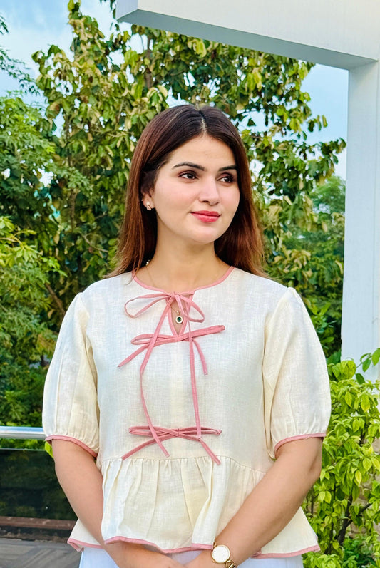 Blush Bow Linen Peplum Top