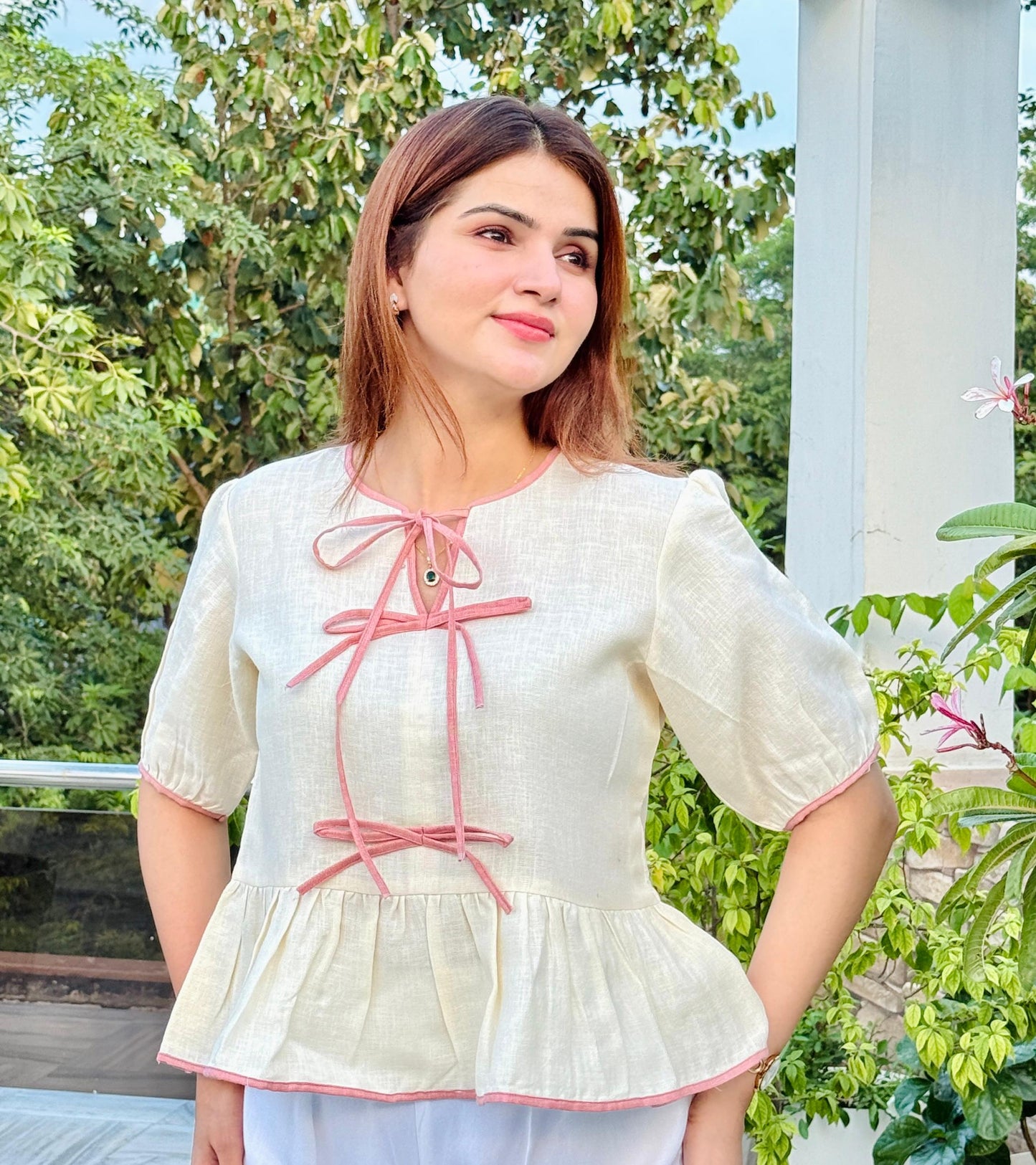 Blush Bow Linen Peplum Top