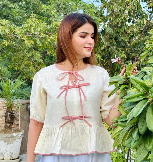 Blush Bow Linen Peplum Top