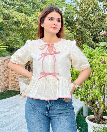 Blush Bow Linen Peplum Top